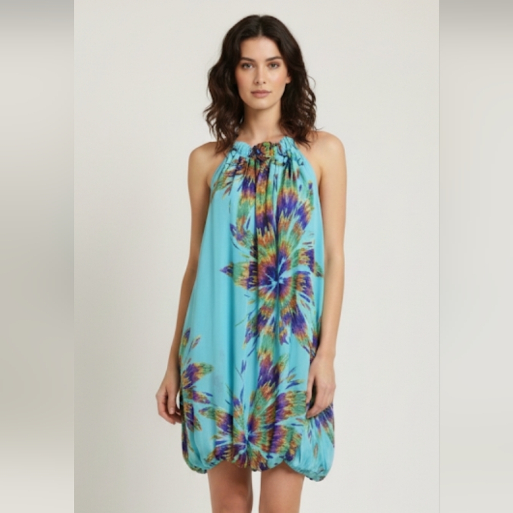 Zara 100% Silk Turquoise Blue vibrant Puffball Dress Balloon Hem Halter small